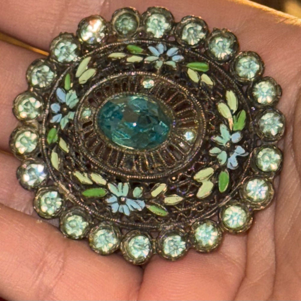 Vintage Little Nemo Crystal Brooch with Blue and Green Enamel Accents